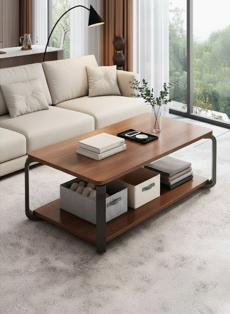 تايمي طاولة قهوة خشبية بتصميم عصري مع مساحة تخزين مزدوجة الطبقات وأرجل معدنية طاولة لغرفة المعيشة والمكتب 100x50x43سم - Image 1